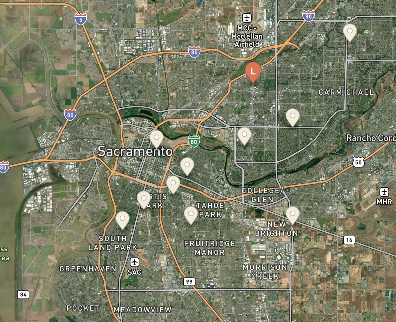 Map of LaunderLand pickup and delivery service area covering Sierra Oaks and central Sacramento