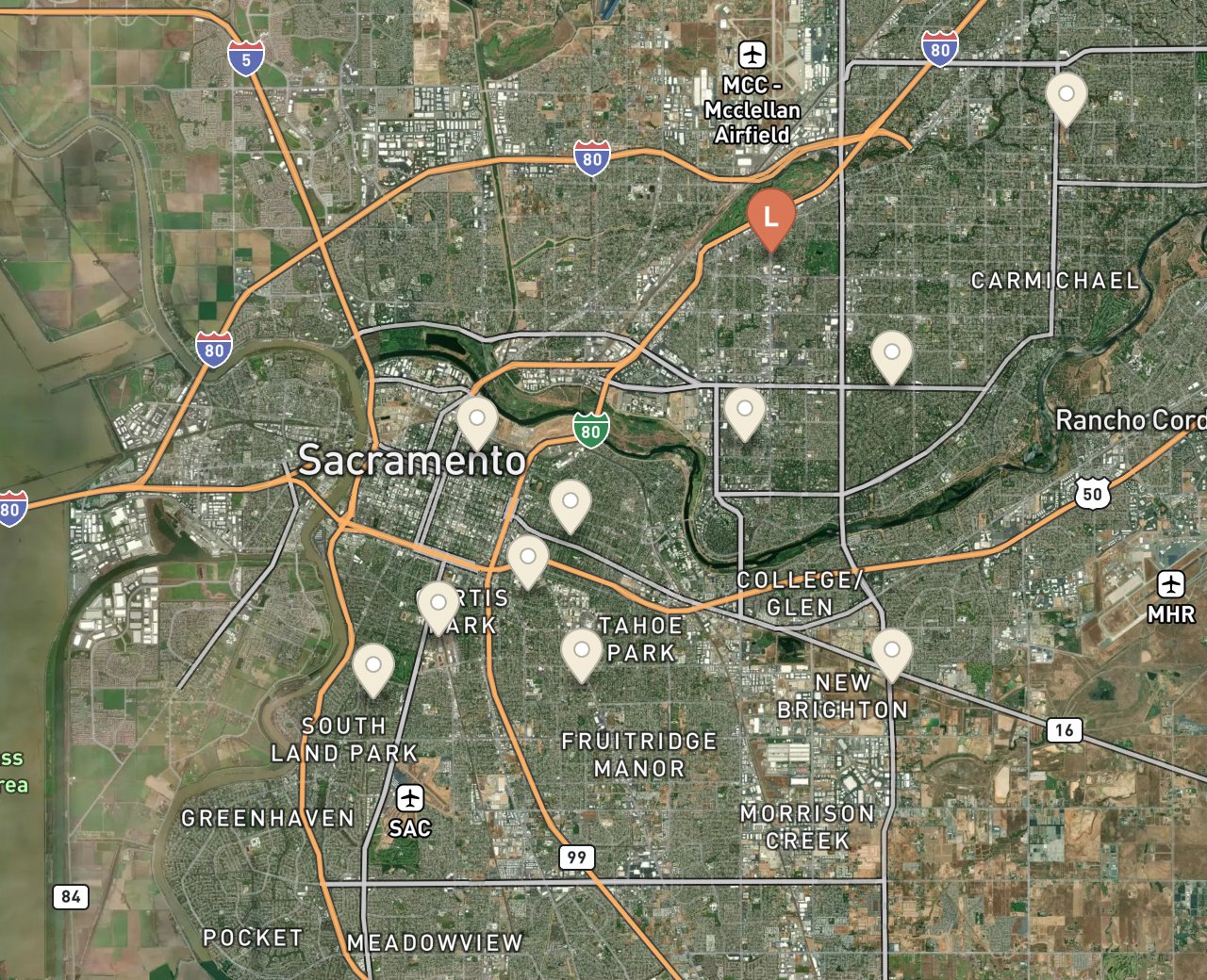Map of LaunderLand free pickup & delivery service area across central Sacramento